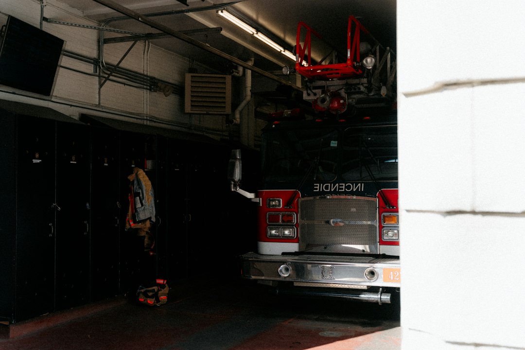 Fire apparatus parked inside a fire station