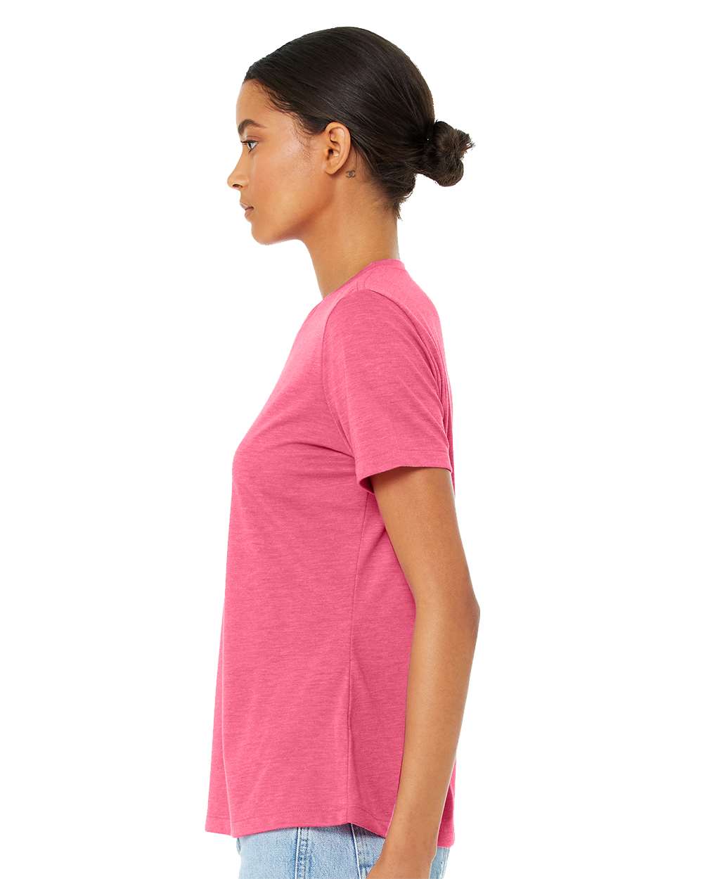 BELLA + CANVAS 6413 | Women’s Relaxed Fit Triblend Tee Charity Pink Triblend OnModel_Side