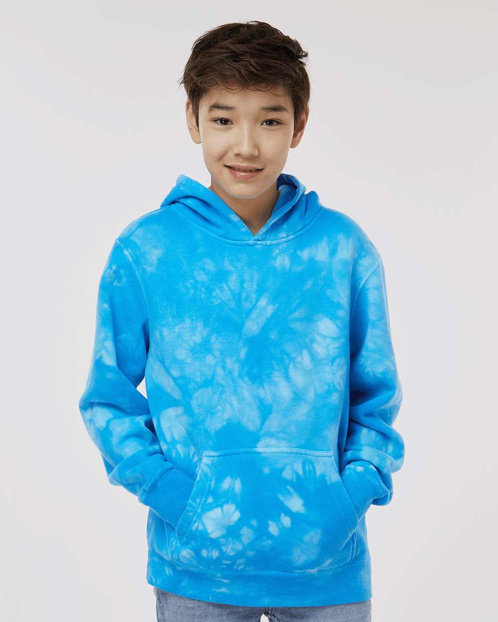 Independent Trading Co. PRM1500TD | Youth Midweight Tie-Dyed Hooded Sweatshirt Tie Dye Aqua Blue OnModel_Front