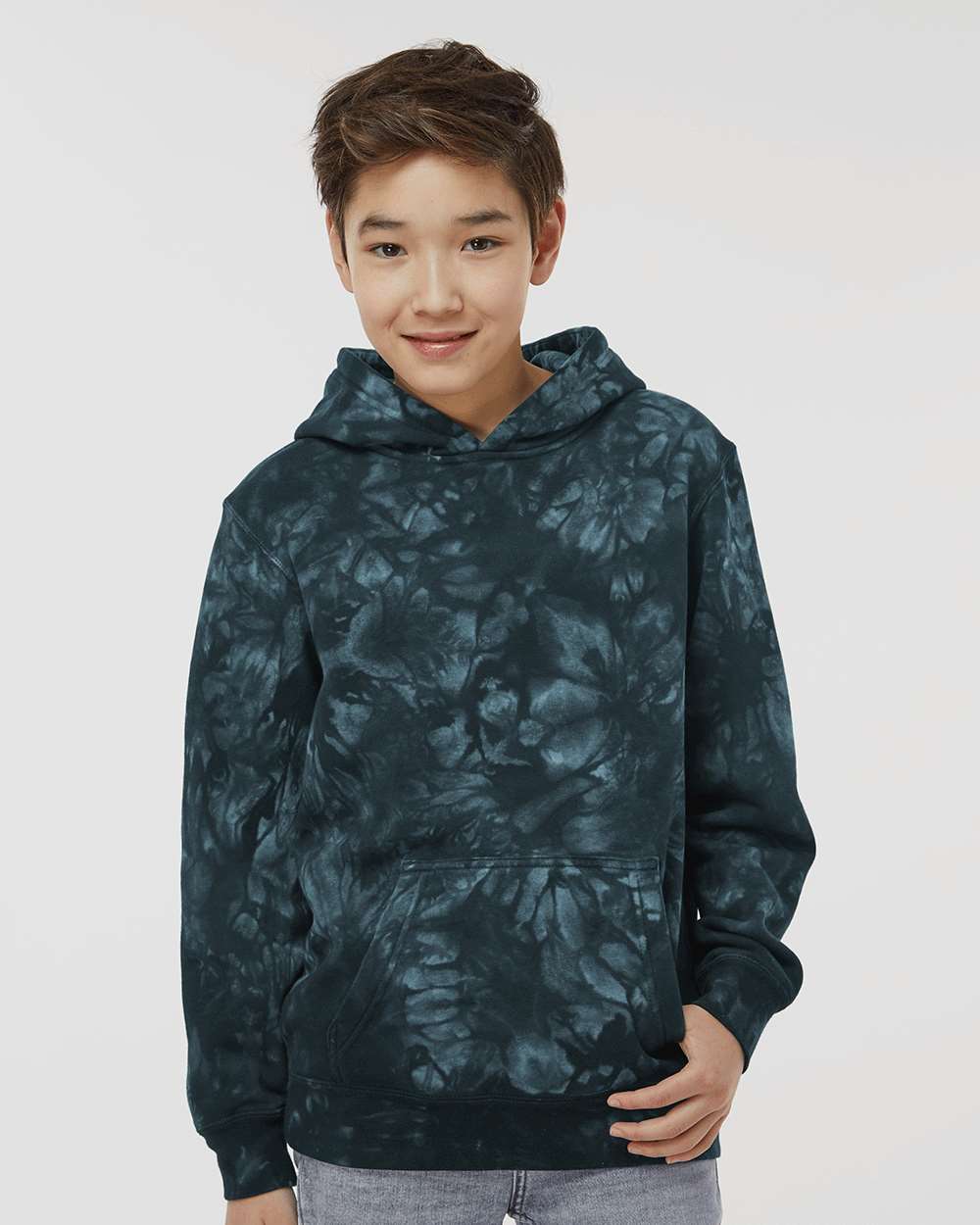 Independent Trading Co. PRM1500TD | Youth Midweight Tie-Dyed Hooded Sweatshirt Tie Dye Black OnModel_Front