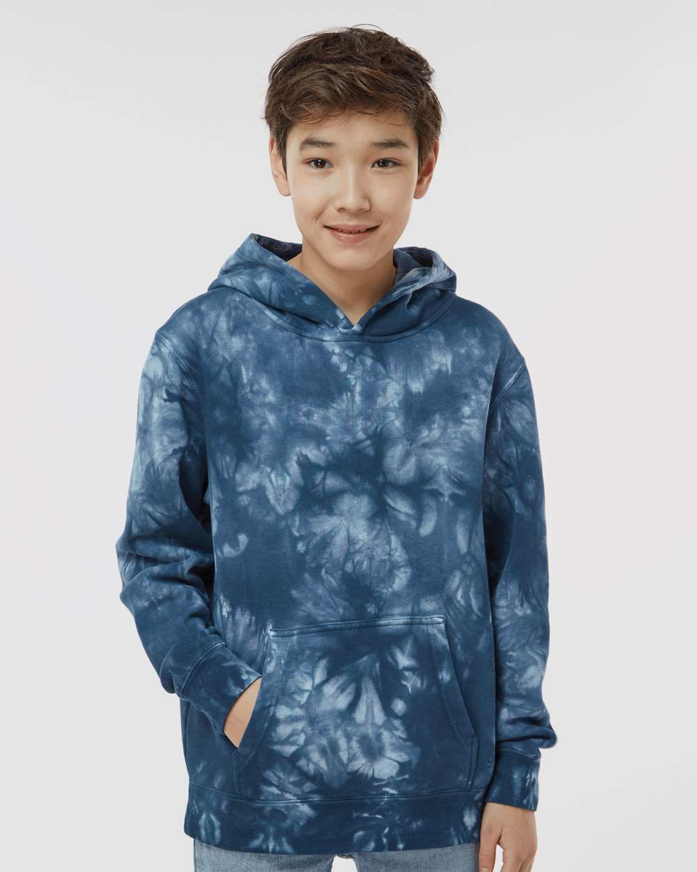 Independent Trading Co. PRM1500TD | Youth Midweight Tie-Dyed Hooded Sweatshirt Tie Dye Navy OnModel_Front