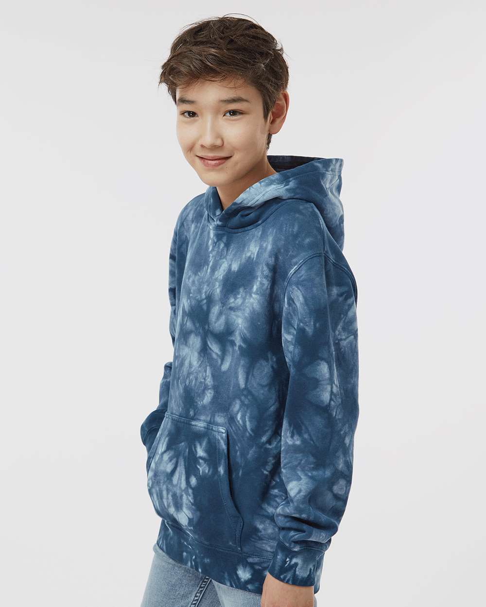 Independent Trading Co. PRM1500TD | Youth Midweight Tie-Dyed Hooded Sweatshirt Tie Dye Navy OnModel_Side