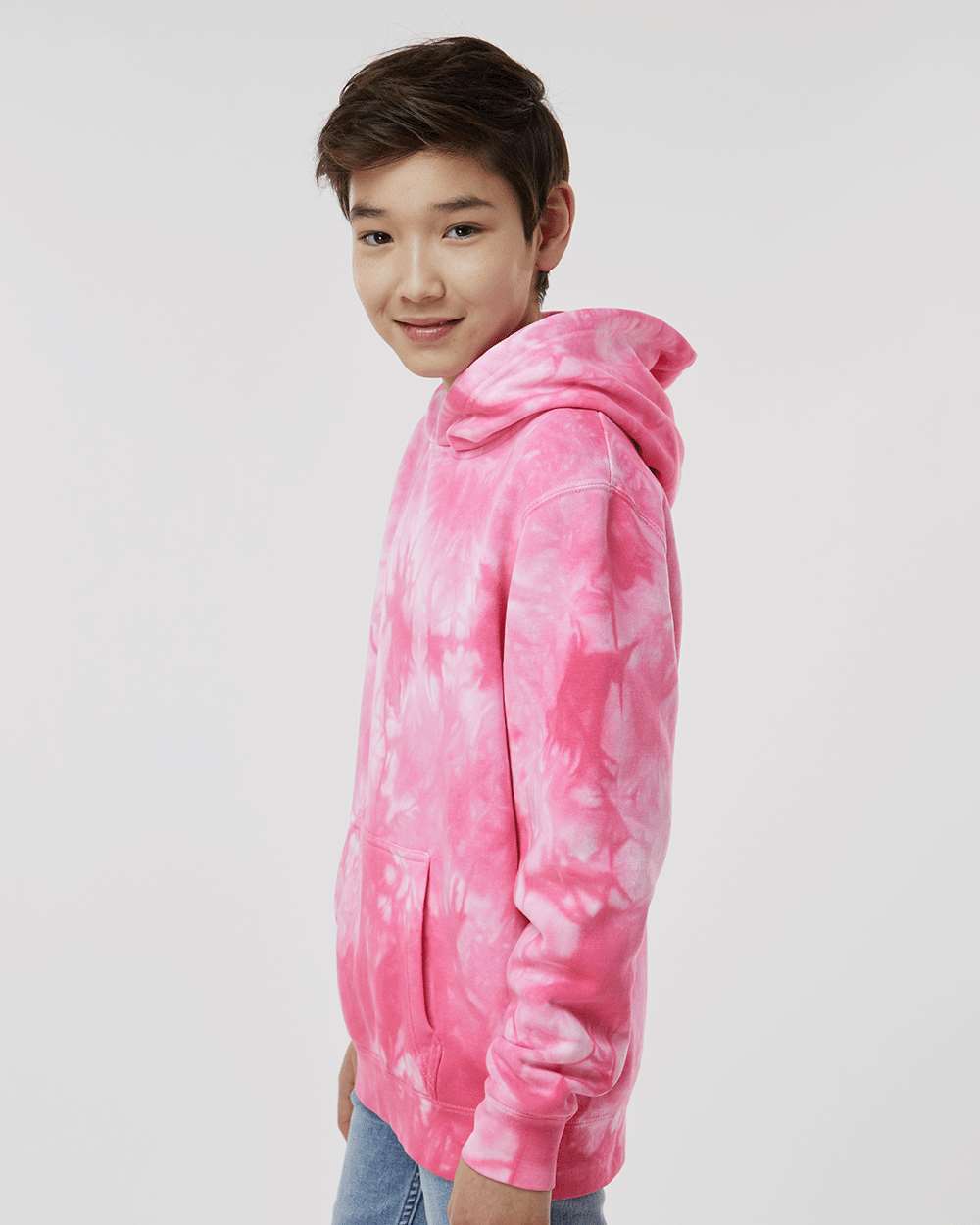 Independent Trading Co. PRM1500TD | Youth Midweight Tie-Dyed Hooded Sweatshirt Tie Dye Pink OnModel_Side