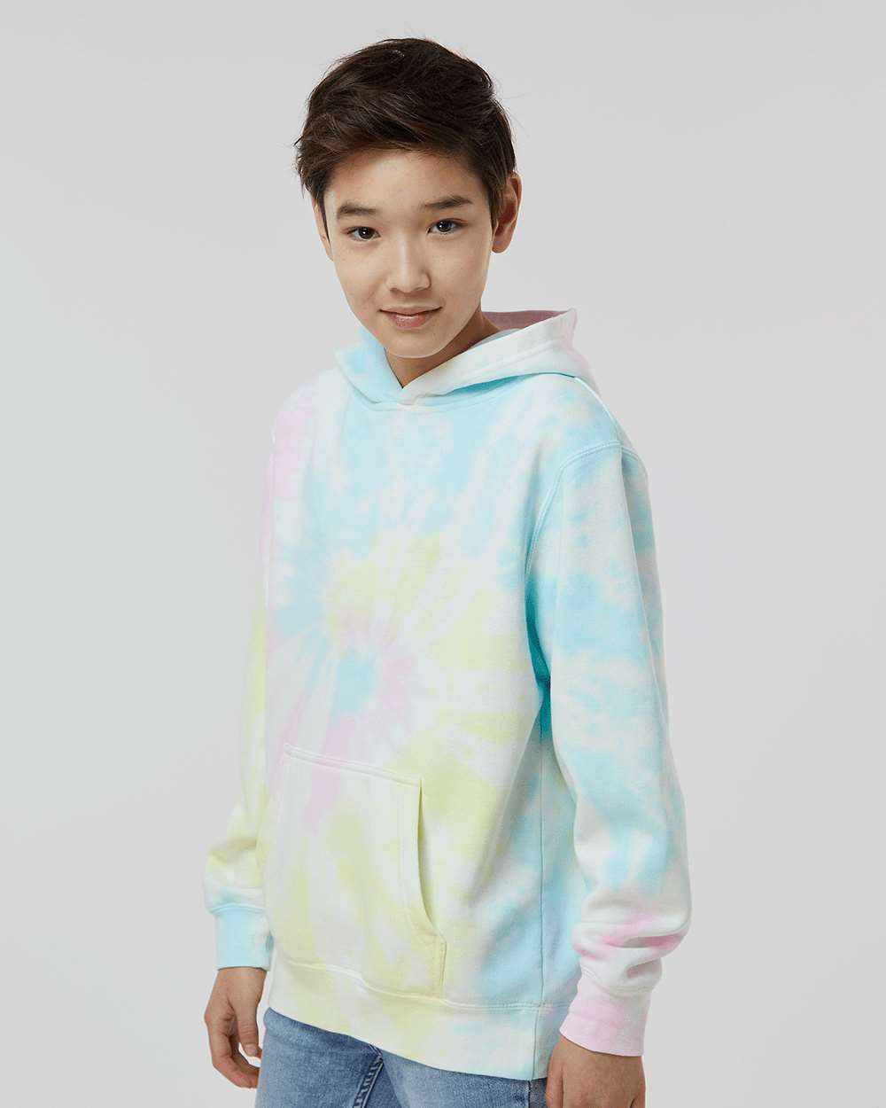 Independent Trading Co. PRM1500TD | Youth Midweight Tie-Dyed Hooded Sweatshirt Tie Dye Sunset Swirl OnModel_Side