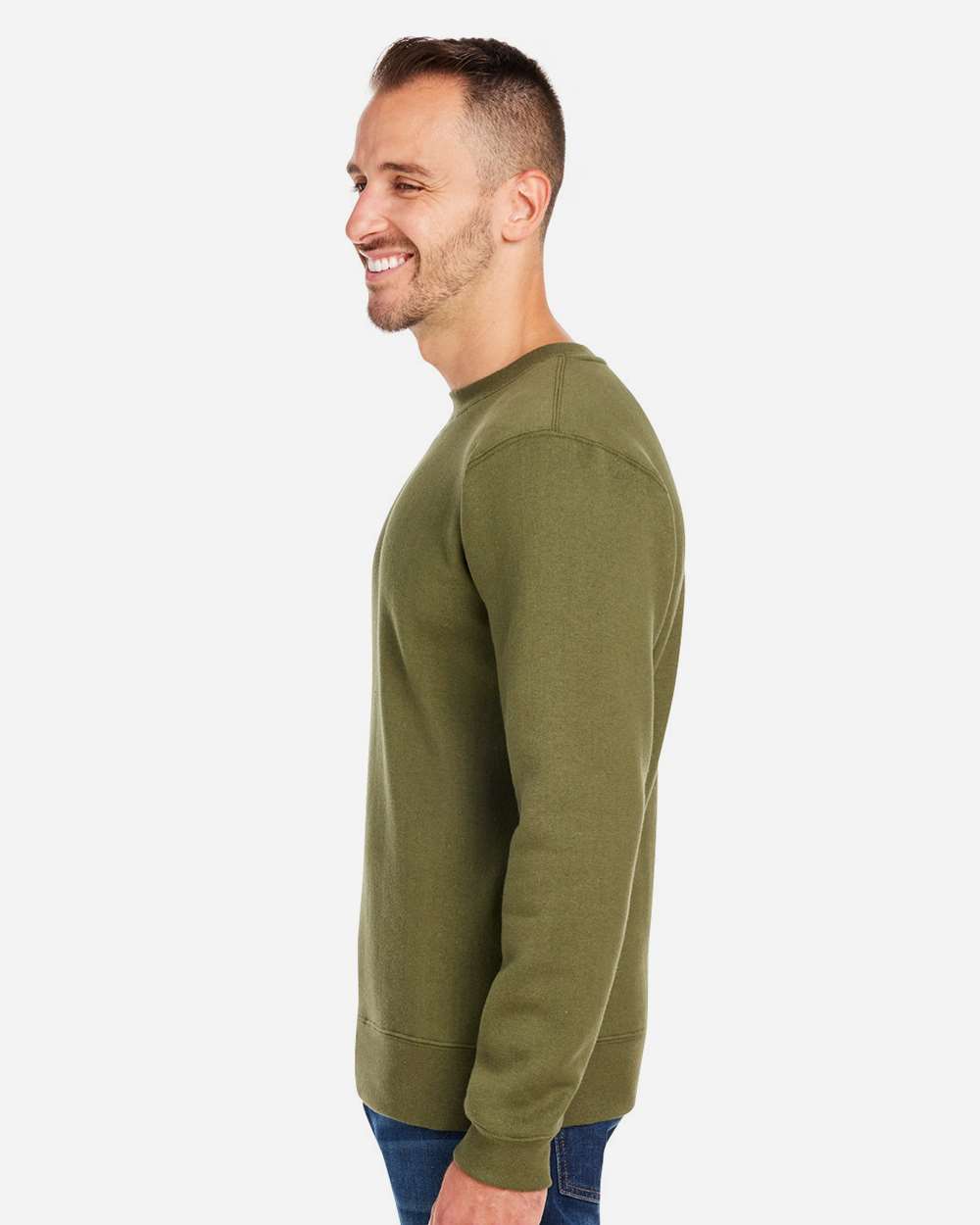 J. America 8424 | Unisex Premium Fleece Crewneck Sweatshirt Military Green OnModel_Side