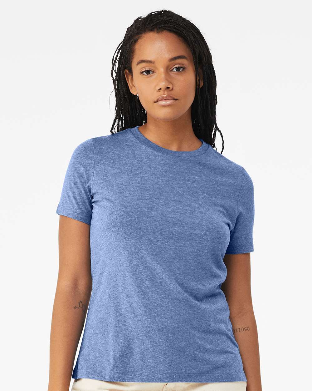 BELLA + CANVAS 6413 | Women’s Relaxed Fit Triblend Tee Blue Triblend OnModel_Front