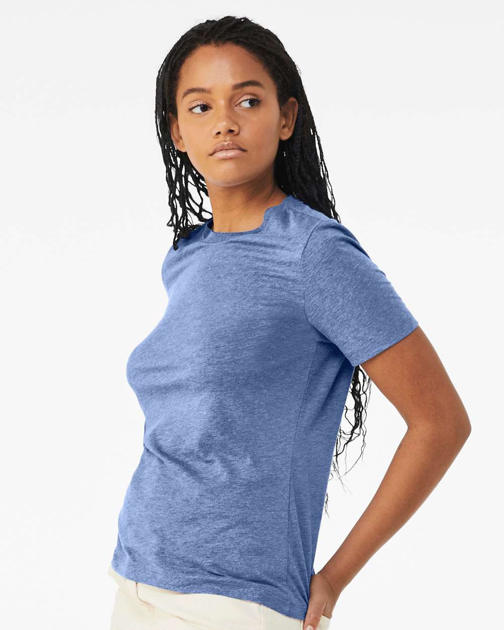 BELLA + CANVAS 6413 | Women’s Relaxed Fit Triblend Tee Blue Triblend OnModel_Side
