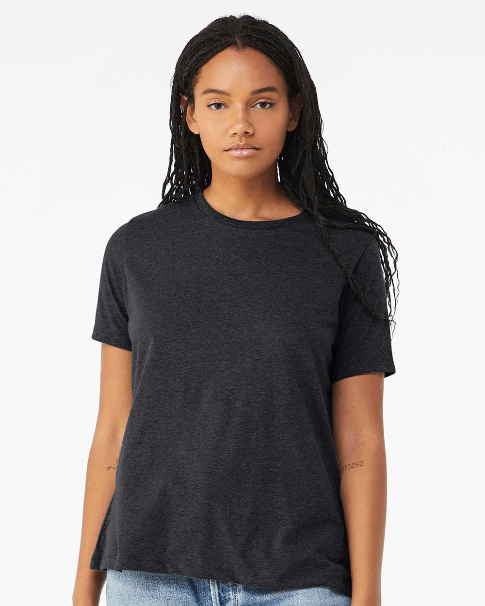 BELLA + CANVAS 6413 | Women’s Relaxed Fit Triblend Tee Solid Dark Grey Triblend OnModel_Front