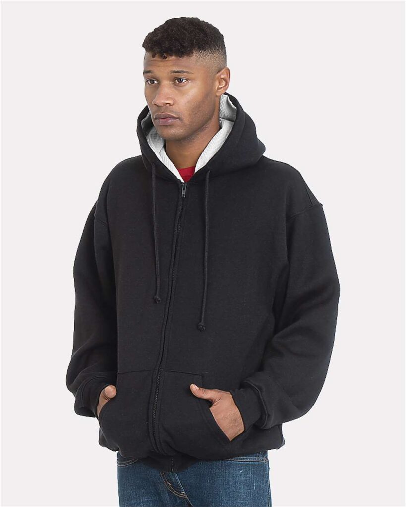 Bayside 940 | Unisex USA-Made Super Heavy Thermal Lined Full-Zip Hooded Sweatshirt Black/ Cream OnModel_Front
