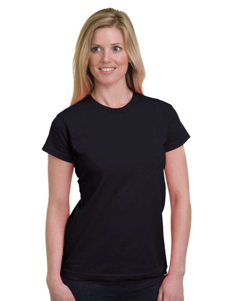 Bayside 5850 | Women's USA-Made Fine Jersey T-Shirt Black OnModel_Front