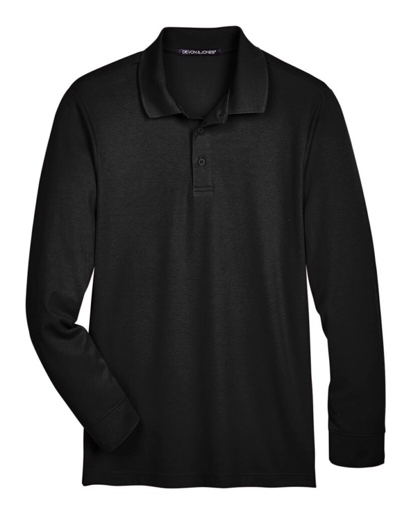 Devon & Jones DG20LT | Men's Tall CrownLux Performance® Plaited Long Sleeve Polo Black Front