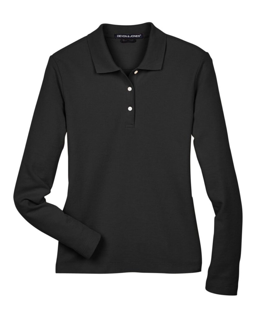 Devon & Jones D110W | Women's Pima Piqué Long Sleeve Polo Black Front