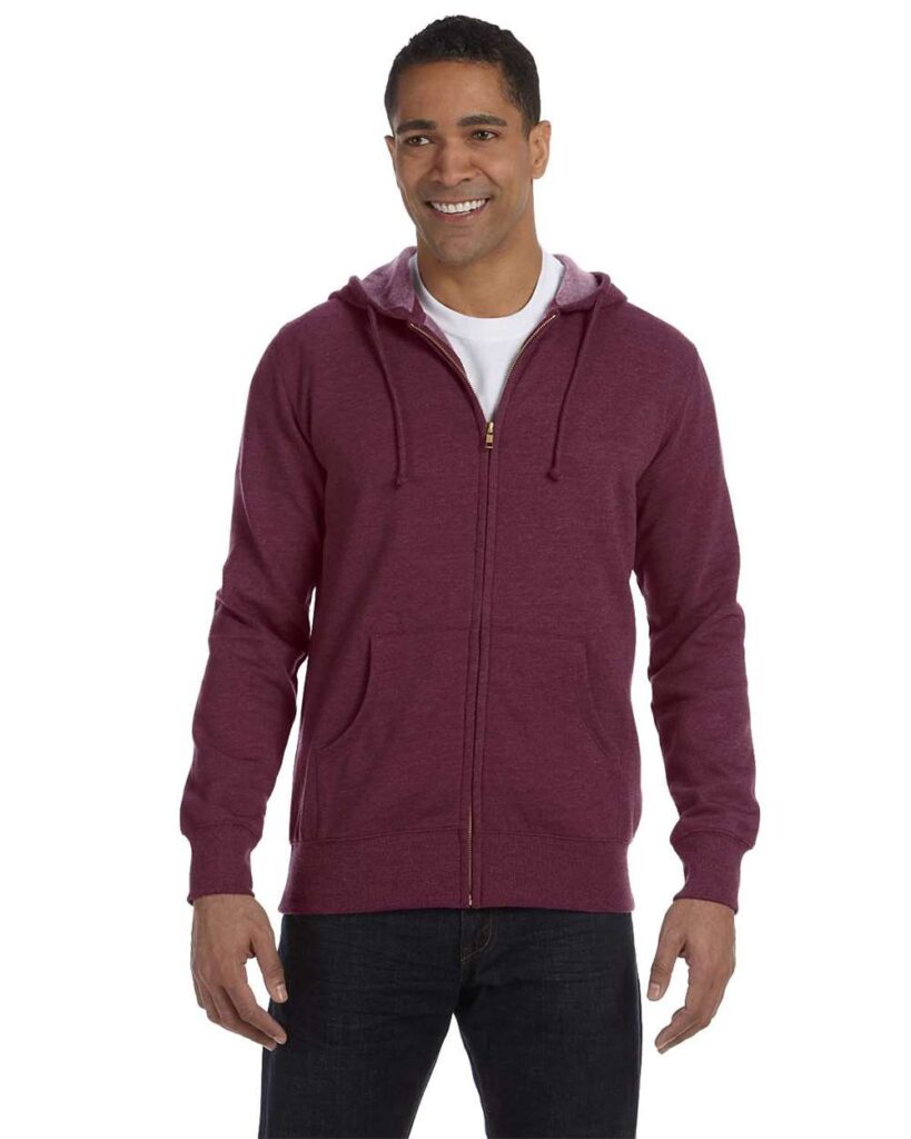 econscious EC5680 | Unisex Heathered Full-Zip Hooded Sweatshirt Berry OnModel_Front
