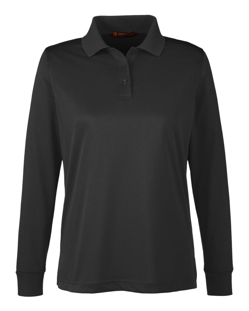 Harriton M348LW | Women's Advantage Snag Protection Plus IL Long Sleeve Polo Black Front