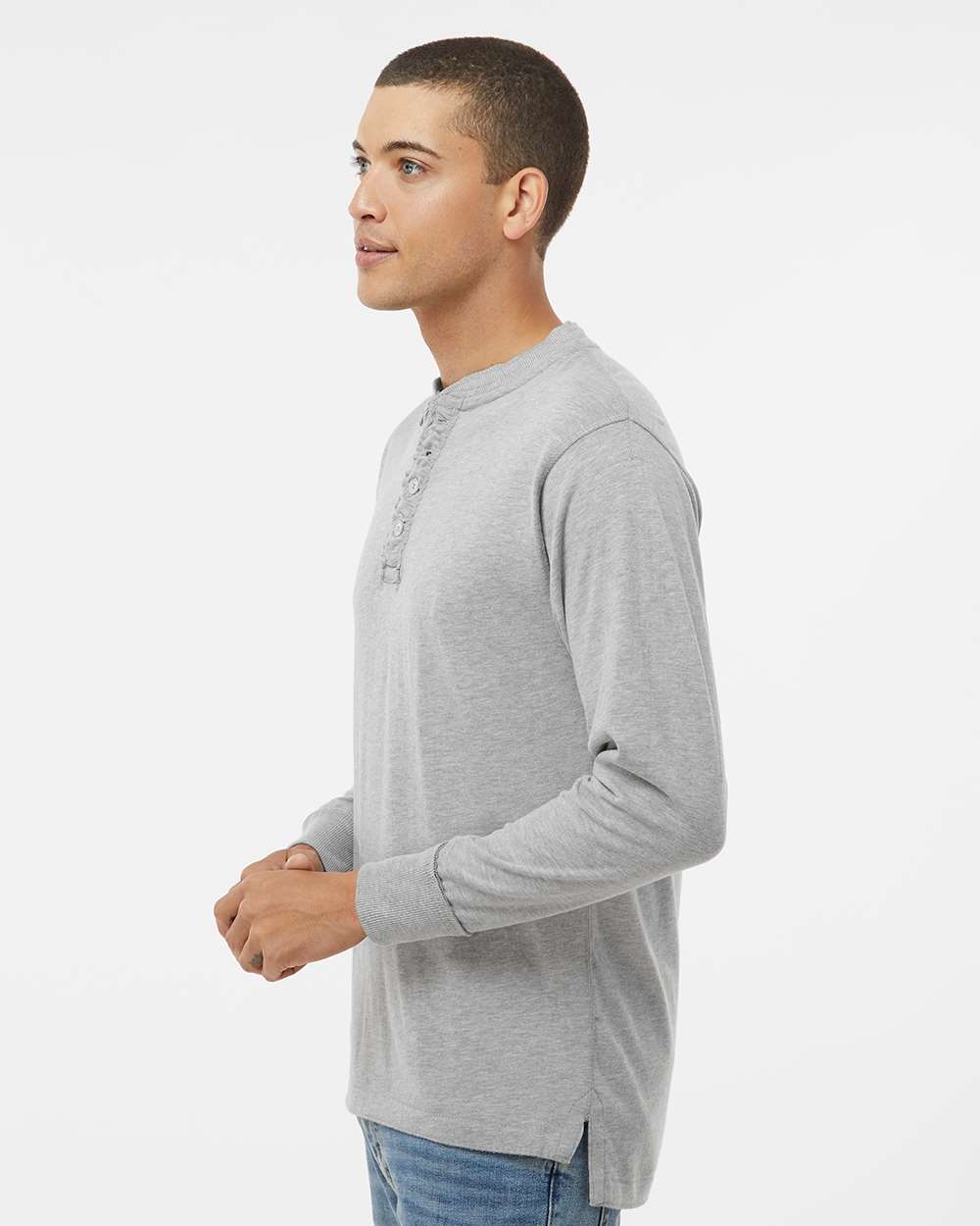 J. America 8244 | Men's Vintage Brushed Jersey Henley Oxford OnModel_Side