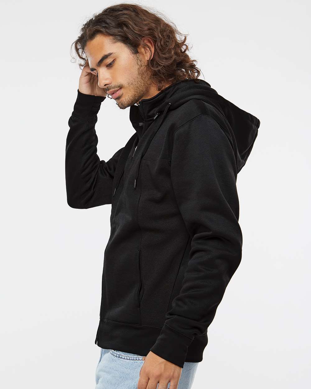 Independent Trading Co. EXP80PTZ | Unisex Poly-Tech Full-Zip Hooded Sweatshirt Black OnModel_Side