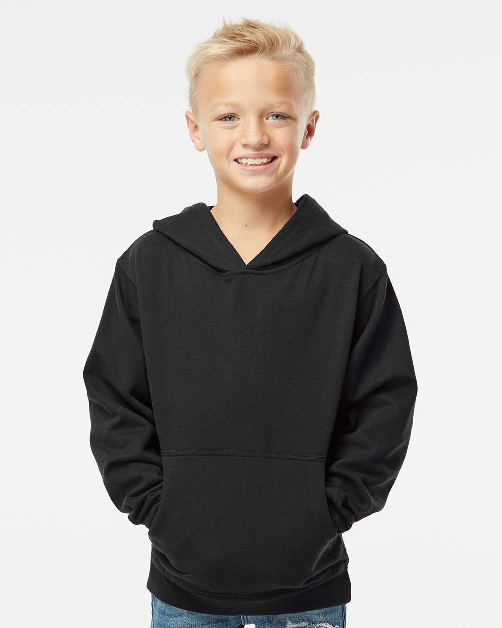Independent Trading Co. SS4001Y | Youth Midweight Hooded Sweatshirt Black OnModel_Front