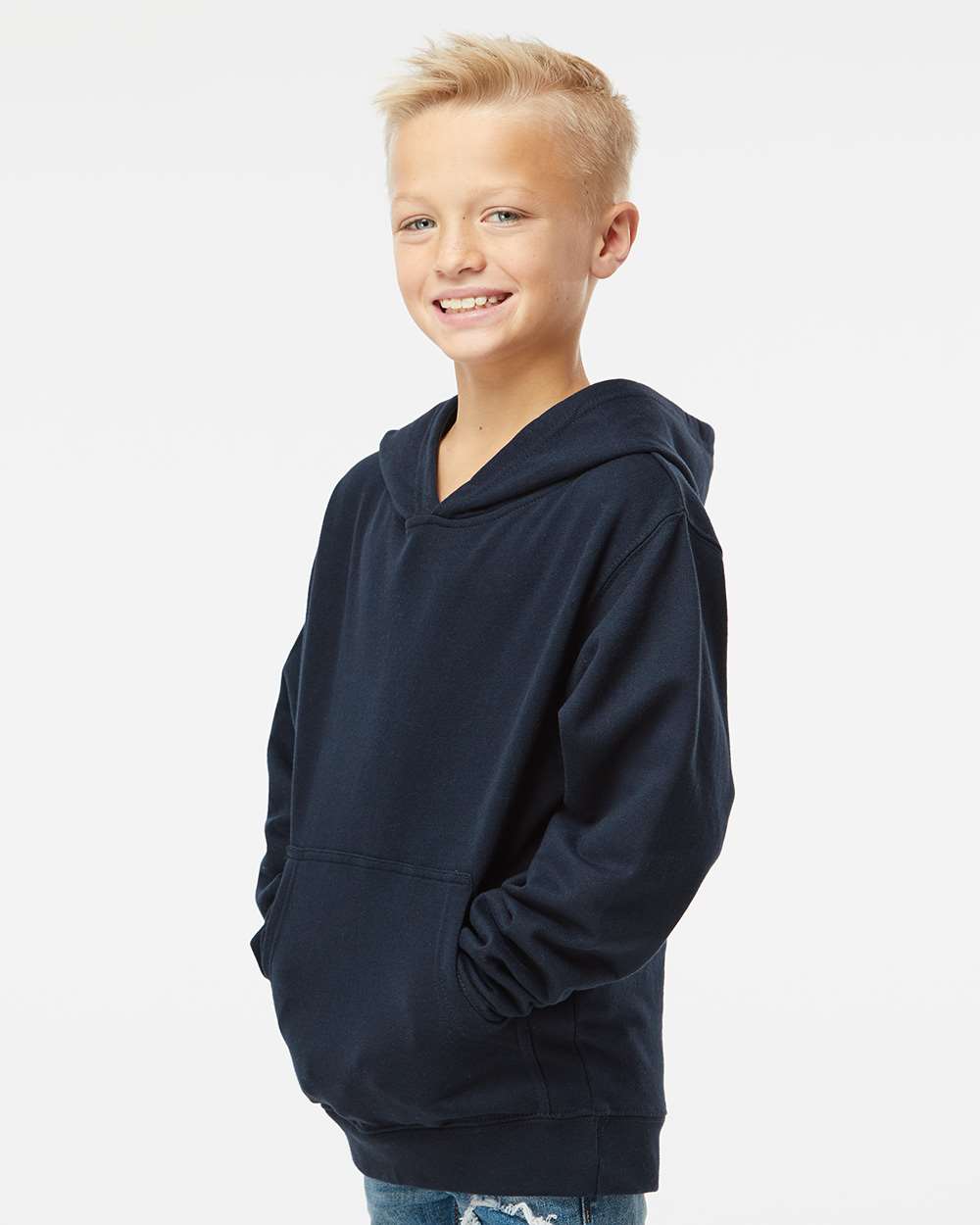 Independent Trading Co. SS4001Y | Youth Midweight Hooded Sweatshirt Classic Navy OnModel_Side