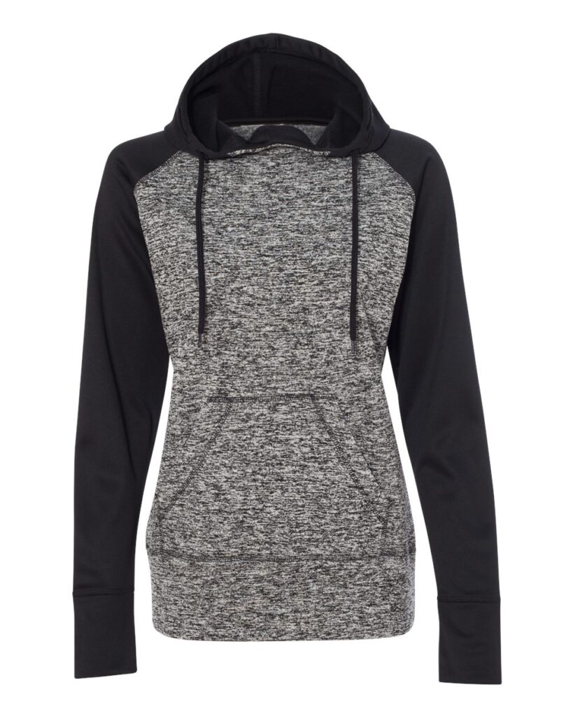 J. America 8618 | Women’s Colorblocked Cosmic Fleece Hooded Sweatshirt Charcoal Fleck/ Black Front