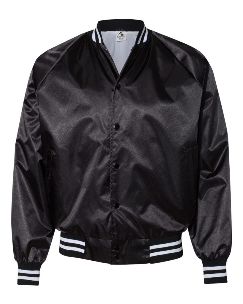 Augusta Sportswear 3610 | Unisex Satin Baseball Jacket Striped Trim Black/ White Front