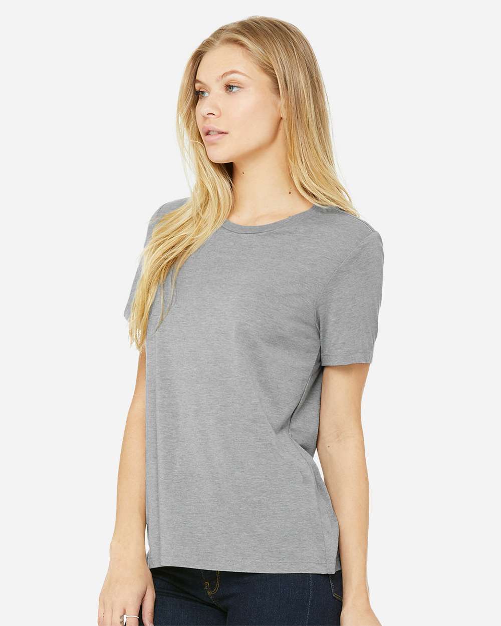 BELLA + CANVAS 6413 | Women’s Relaxed Fit Triblend Tee Athletic Grey Triblend OnModel_Side
