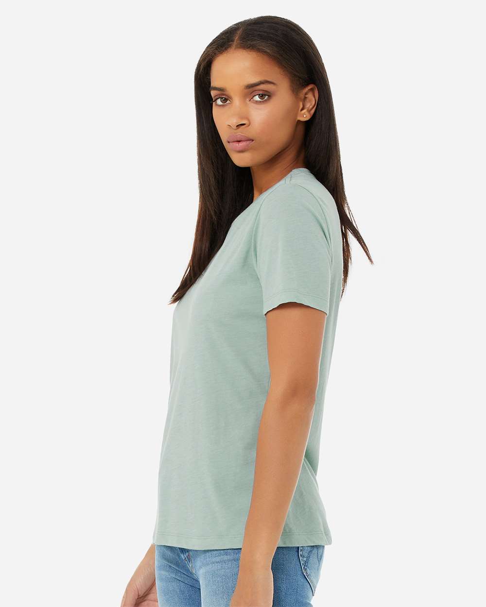 BELLA + CANVAS 6413 | Women’s Relaxed Fit Triblend Tee Dusty Blue Triblend OnModel_Side