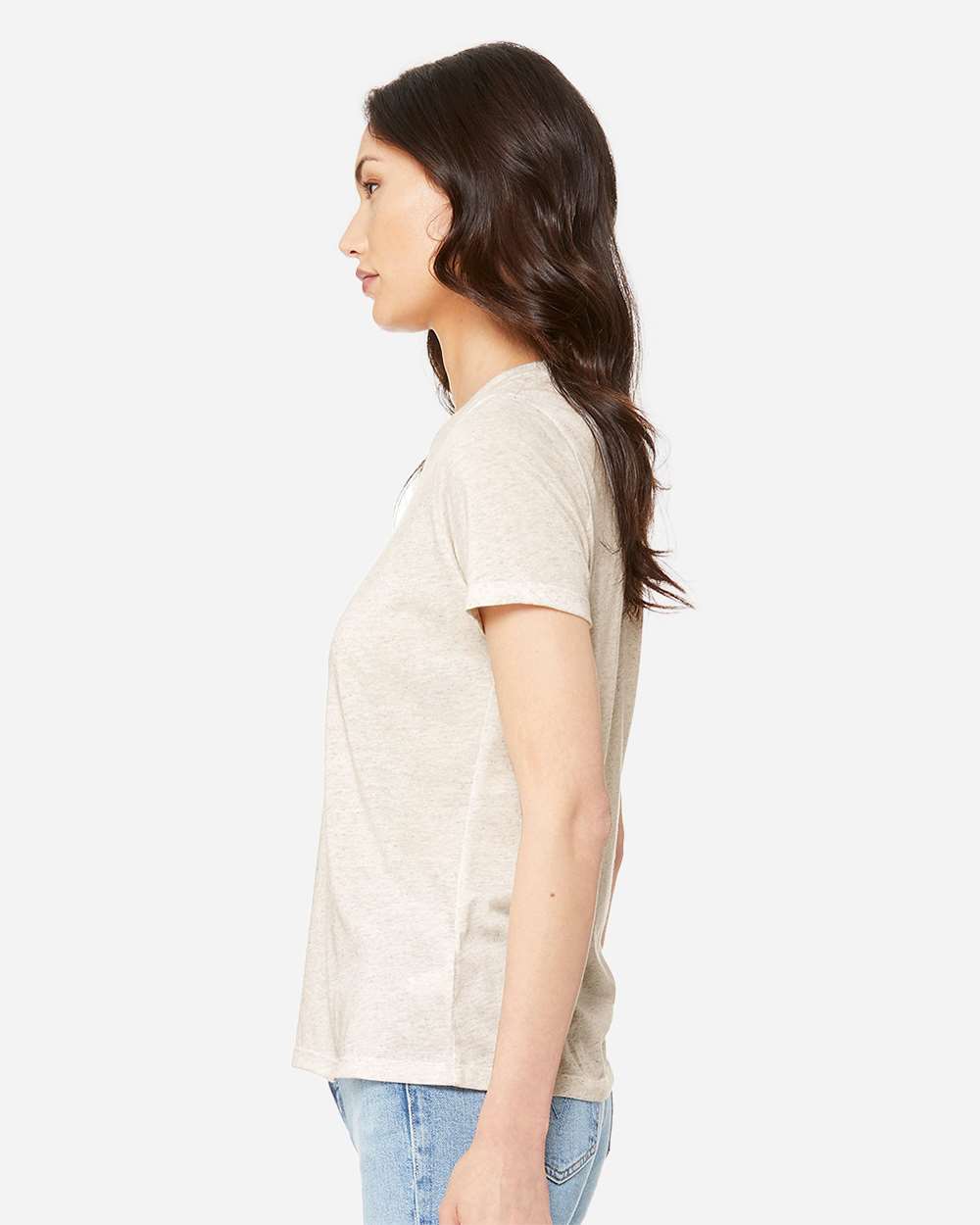 BELLA + CANVAS 6413 | Women’s Relaxed Fit Triblend Tee Oatmeal Triblend OnModel_Side