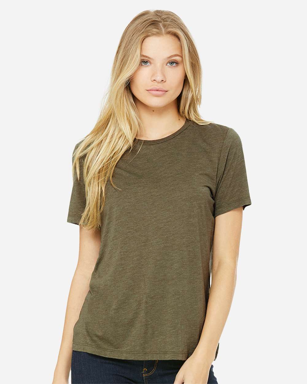 BELLA + CANVAS 6413 | Women’s Relaxed Fit Triblend Tee Olive Triblend OnModel_Front