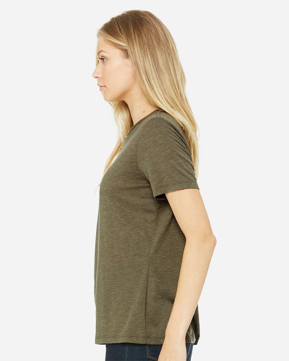 BELLA + CANVAS 6413 | Women’s Relaxed Fit Triblend Tee Olive Triblend OnModel_Side