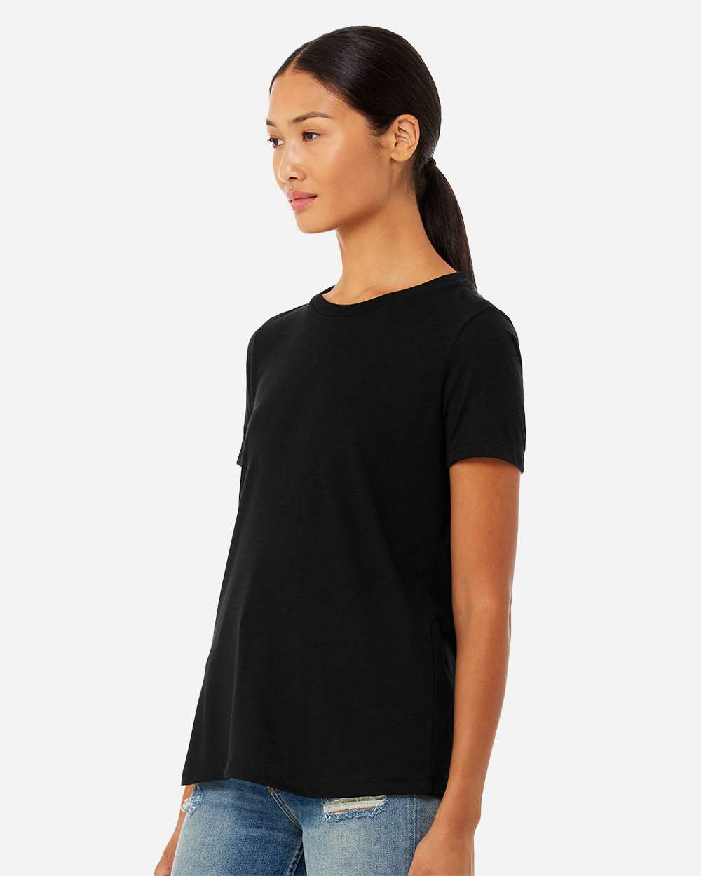 BELLA + CANVAS 6413 | Women’s Relaxed Fit Triblend Tee Solid Black Triblend OnModel_Side