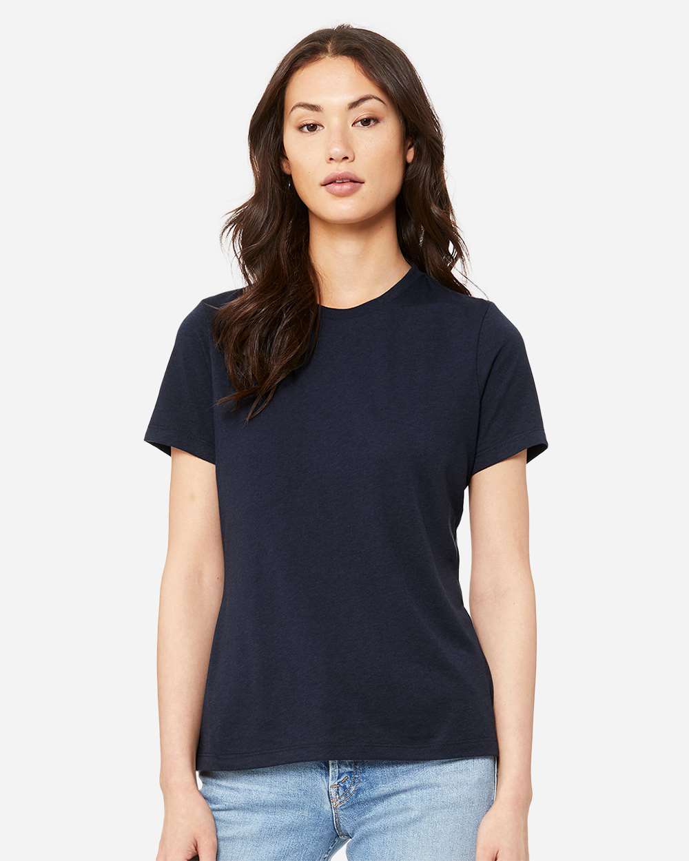 BELLA + CANVAS 6413 | Women’s Relaxed Fit Triblend Tee Solid Navy Triblend OnModel_Front