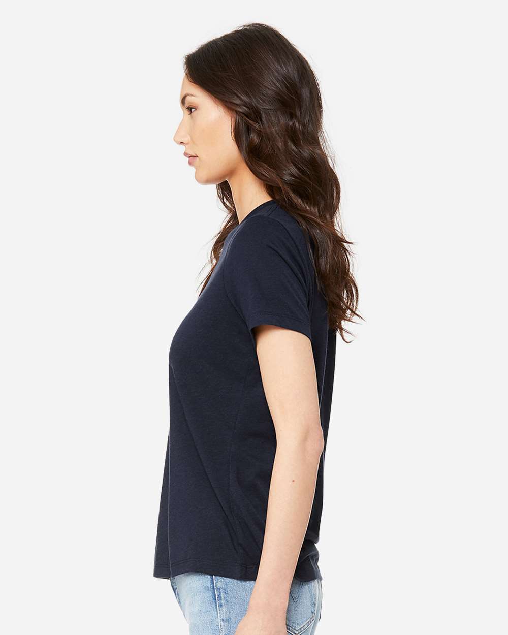 BELLA + CANVAS 6413 | Women’s Relaxed Fit Triblend Tee Solid Navy Triblend OnModel_Side