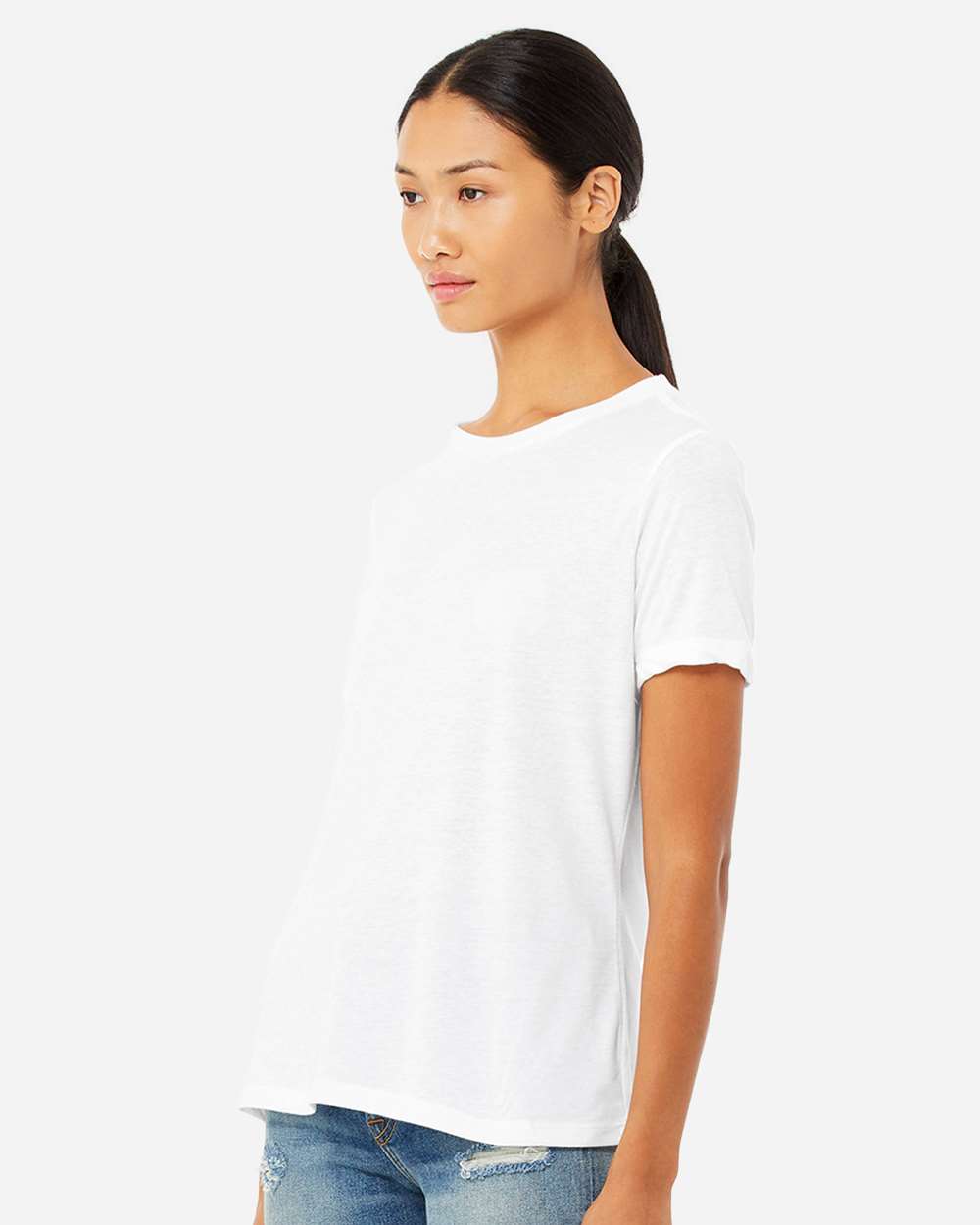 BELLA + CANVAS 6413 | Women’s Relaxed Fit Triblend Tee Solid White Triblend OnModel_Side