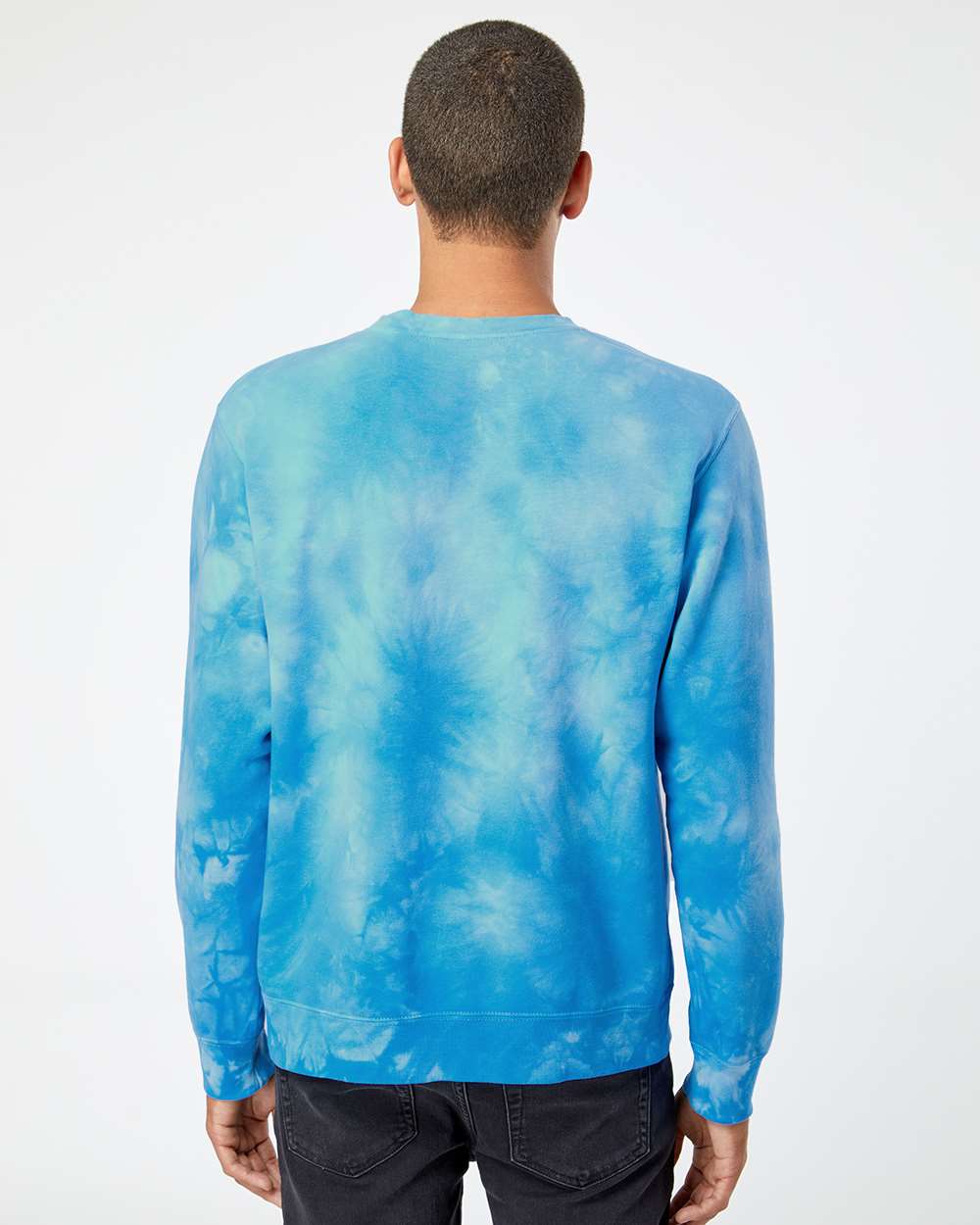 Independent Trading Co. PRM3500TD | Unisex Midweight Tie-Dyed Crewneck Sweatshirt Tie Dye Aqua Blue OnModel_Back