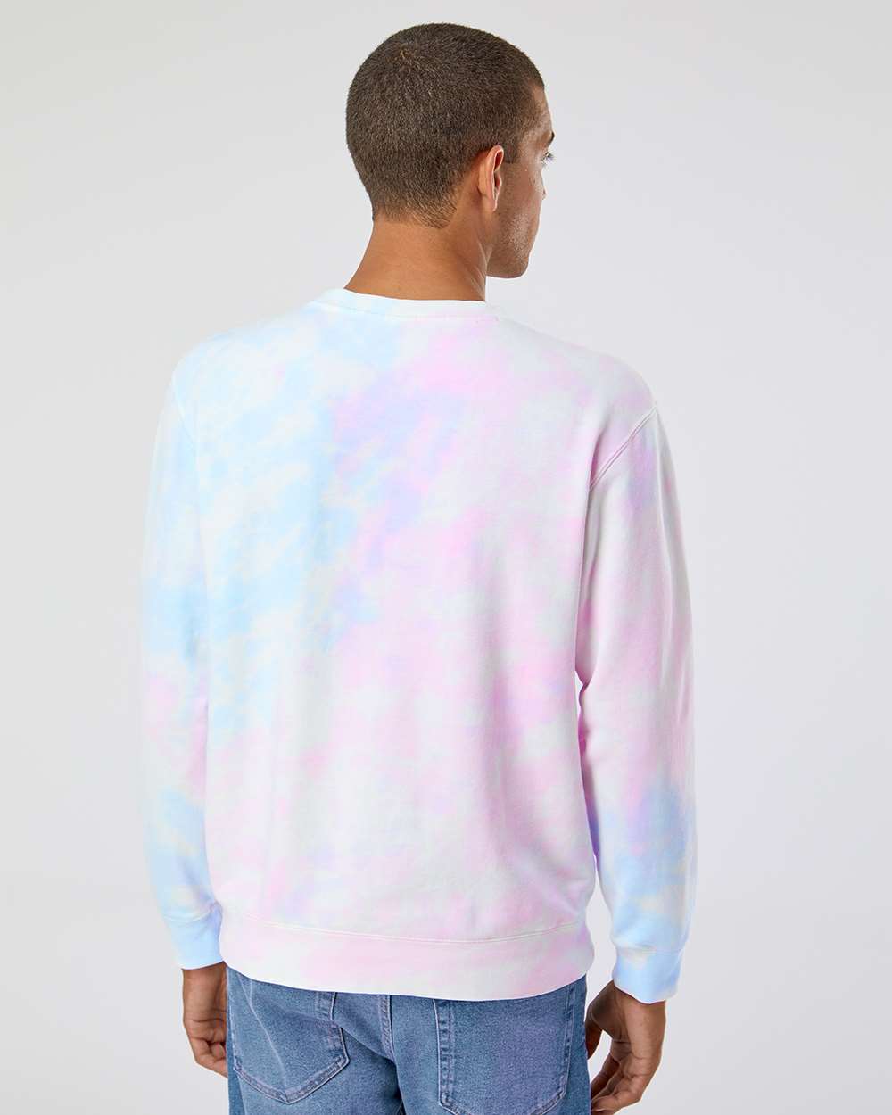 Independent Trading Co. PRM3500TD | Unisex Midweight Tie-Dyed Crewneck Sweatshirt Tie Dye Cotton Candy OnModel_Back
