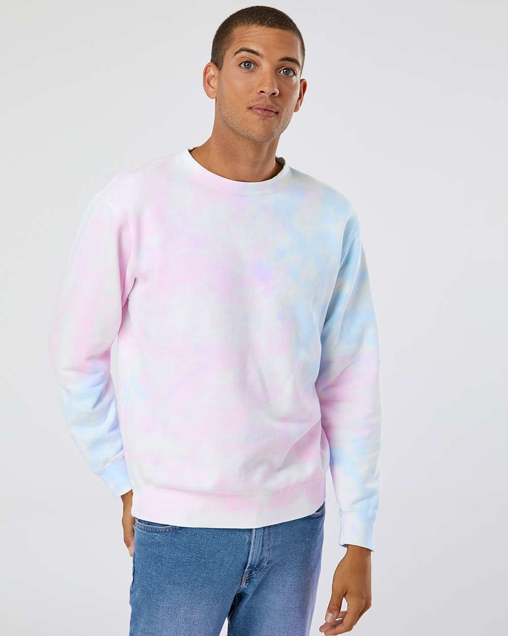 Independent Trading Co. PRM3500TD | Unisex Midweight Tie-Dyed Crewneck Sweatshirt Tie Dye Cotton Candy OnModel_Front