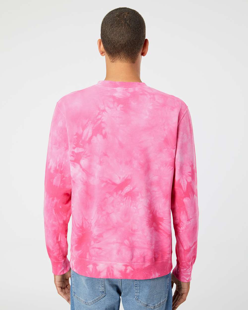 Independent Trading Co. PRM3500TD | Unisex Midweight Tie-Dyed Crewneck Sweatshirt Tie Dye Pink OnModel_Back