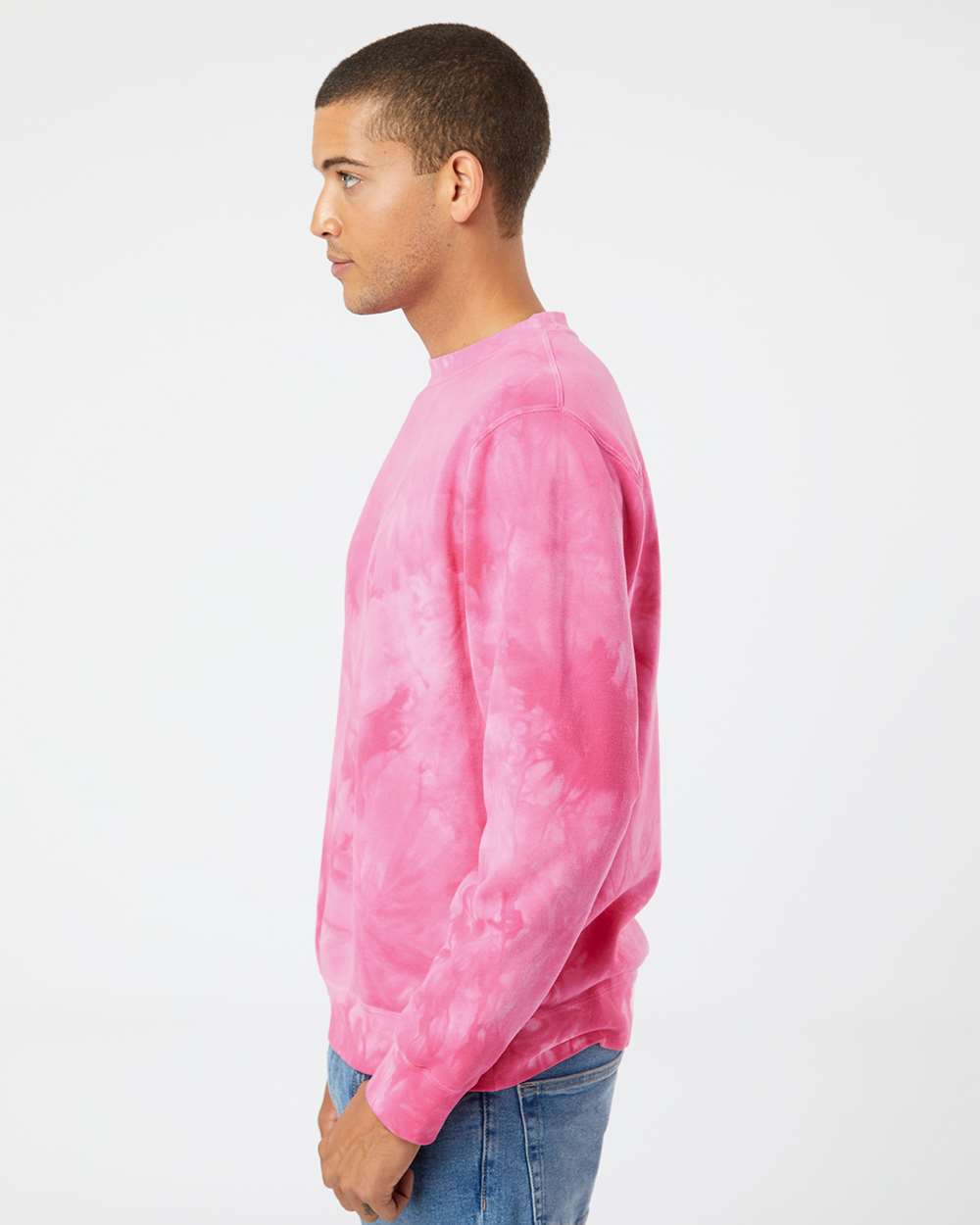 Independent Trading Co. PRM3500TD | Unisex Midweight Tie-Dyed Crewneck Sweatshirt Tie Dye Pink OnModel_Side