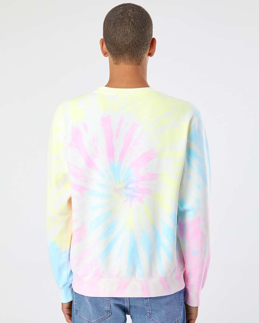 Independent Trading Co. PRM3500TD | Unisex Midweight Tie-Dyed Crewneck Sweatshirt Tie Dye Sunset Swirl OnModel_Back