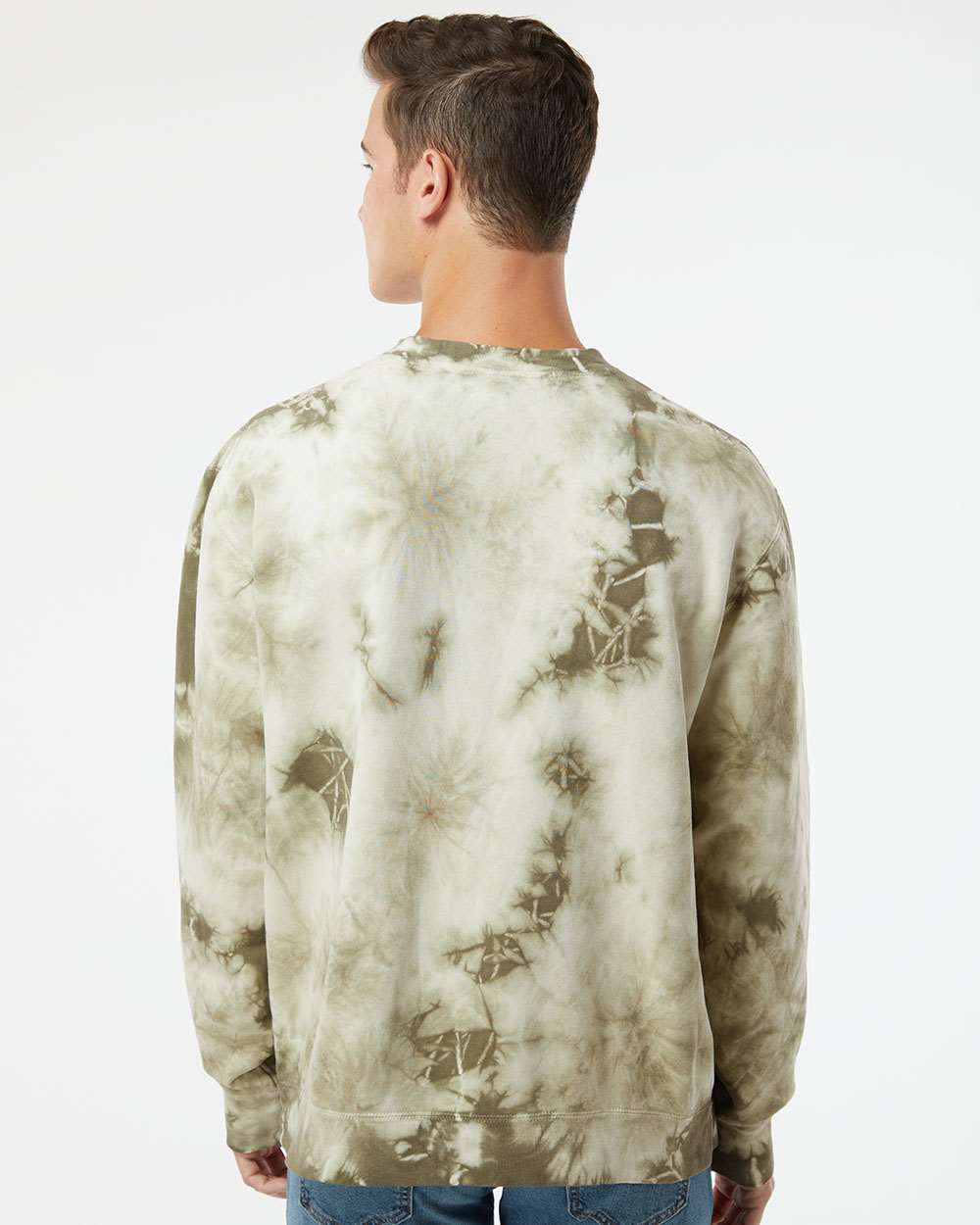 Independent Trading Co. PRM3500TD | Unisex Midweight Tie-Dyed Crewneck Sweatshirt Tie Dye Olive OnModel_Back
