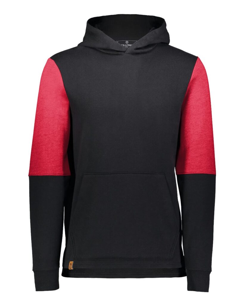 Holloway 222681 | Youth All-American Team Fleece Colorblocked Hooded Sweatshirt Black/ Scarlet Heather Front